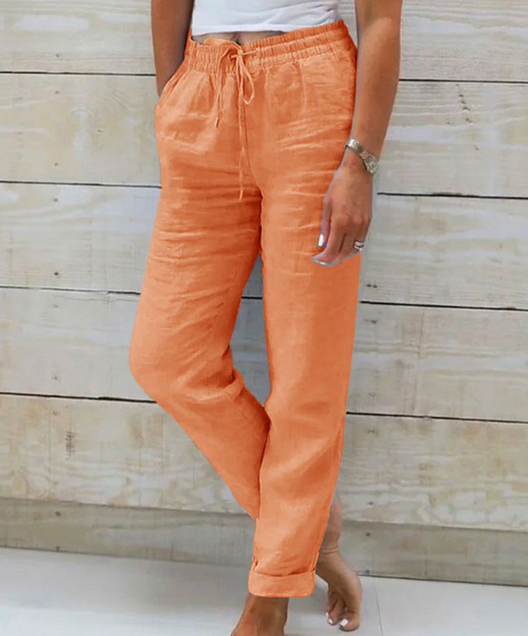 Pantalon élastique uni en coton et chanvre