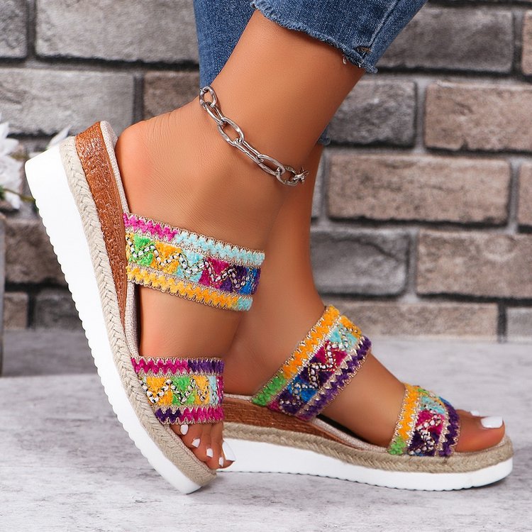 Sandales tressées à motif ondulé tendance, pantoufles décontractées d'été de style ethnique, chaussures compensées à large lanière à semelle en lin pour femmes