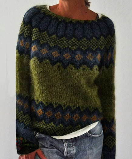 Pull en tricot ample multicolore à col rond et à la mode pour femme