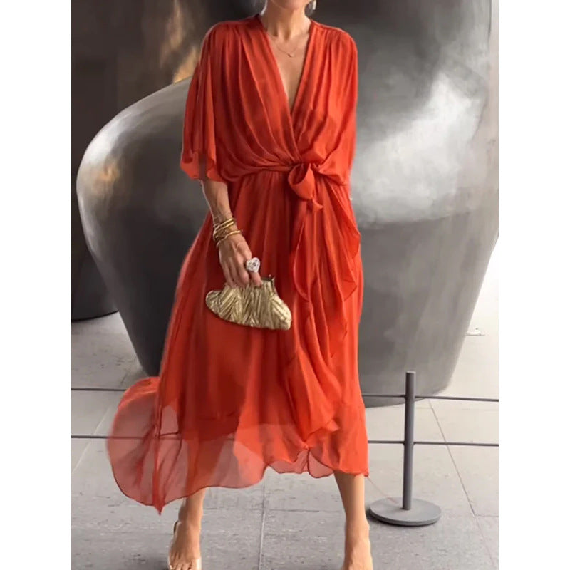 Vestido de verano con escote en V y manga murciélago de color liso con lazo irregular, vestidos largos para mujer