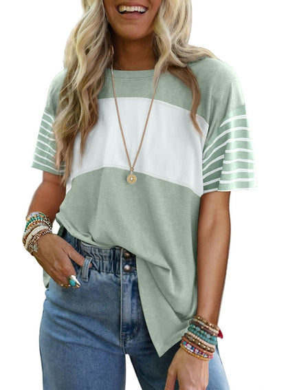 T-shirt à manches courtes rayé et color-block décontracté à col rond pour femme