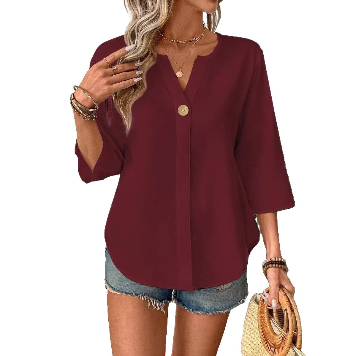 Chemise décontractée unie ample avec petit col en V et boutons