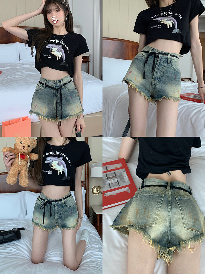 Shorts en jean vintage taille haute à bords bruts pour femme
