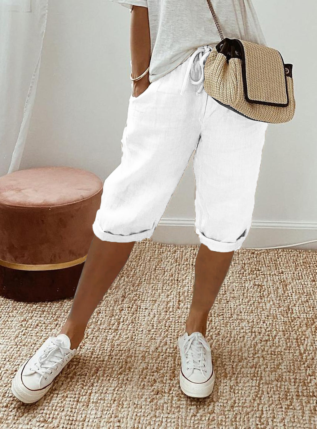 Shorts décontractés en coton et lin avec poches et taille élastique pour femme