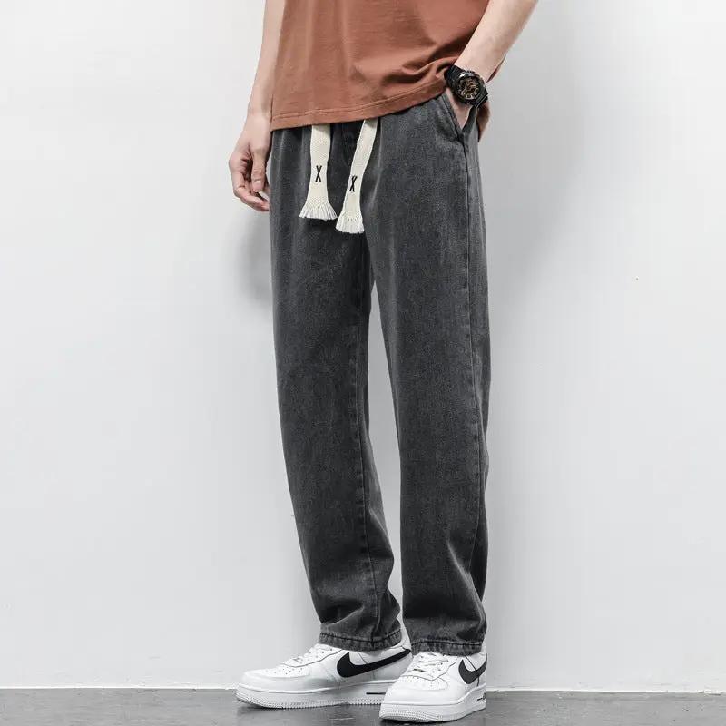 Summer loose wide-leg denim pants for men by AdTec with drawstring tassels