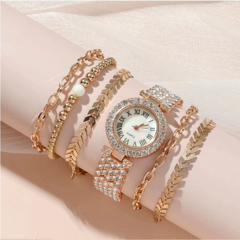 Reloj de pulsera de diamante para mujer, de lujo, a la moda, con caja de regalo, pulsera de reloj, juego de seis piezas