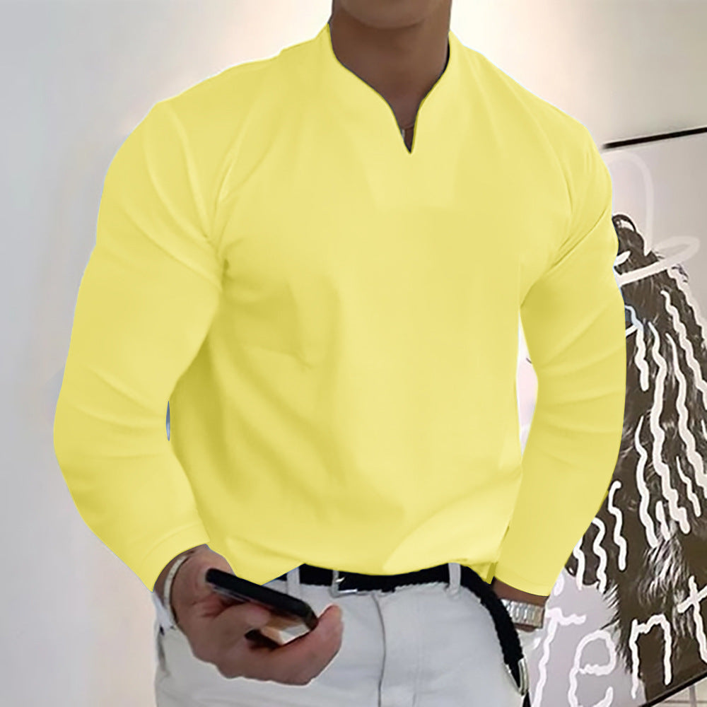 Chemises à manches longues col en V couleur unie décontractées pour hommes
