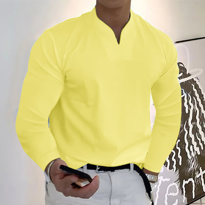 Chemises à manches longues col en V couleur unie décontractées pour hommes