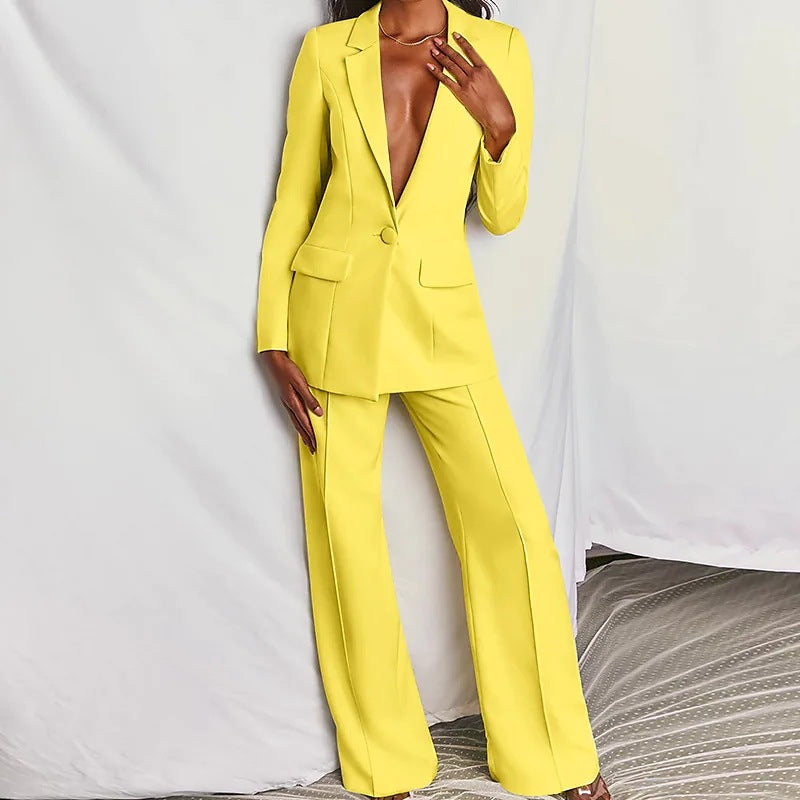 Ensemble 2 pièces décontracté : Blazer à revers boutonné et pantalon droit pour le bureau, les trajets quotidiens et les affaires