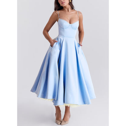 Vestido largo abullonado sin mangas con cuello en V para mujer