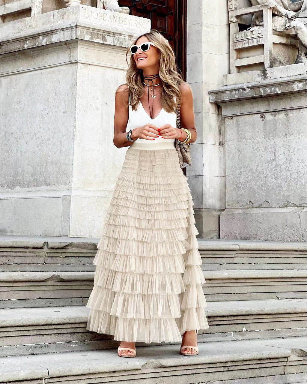 Jupe superposée à volants, mode d'été, jupe longue trapèze en maille, robe de soirée pour femmes