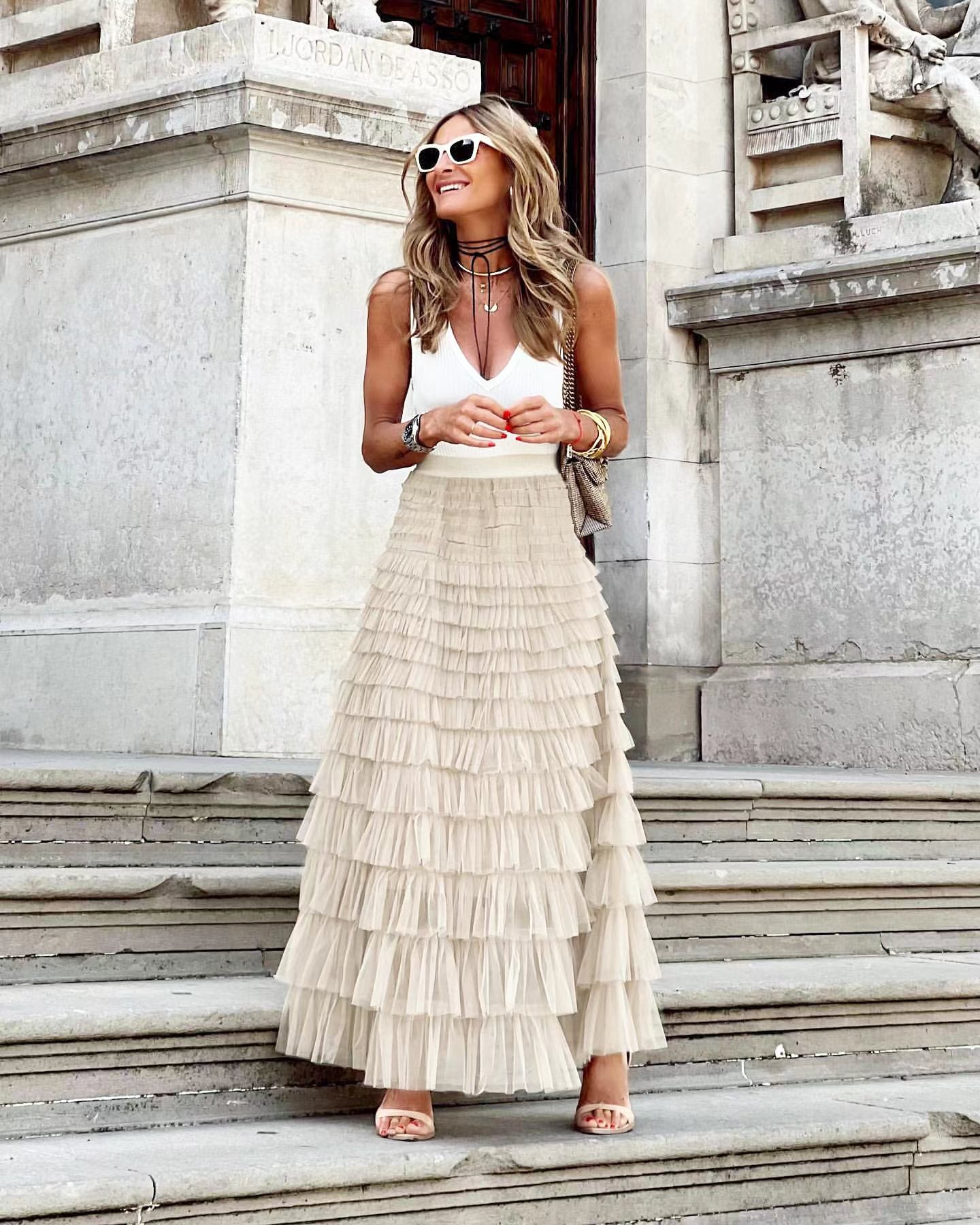 Jupe superposée à volants, mode d'été, jupe longue trapèze en maille, robe de soirée pour femmes
