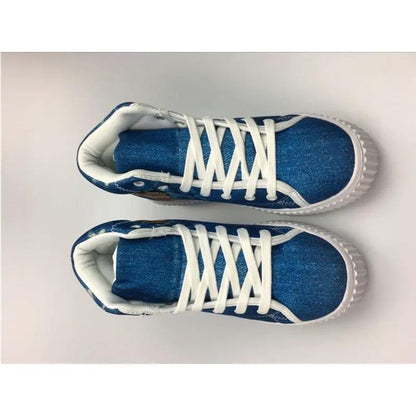 Shoes: AdTec blue denim high-top platform sneakers for women with white laces (pair)