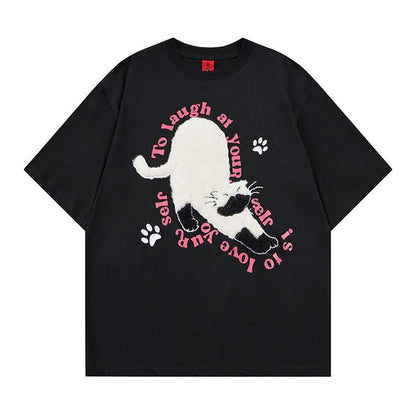 Bending over cat plush short sleeved shirt