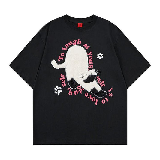 Bending over cat plush short sleeved shirt