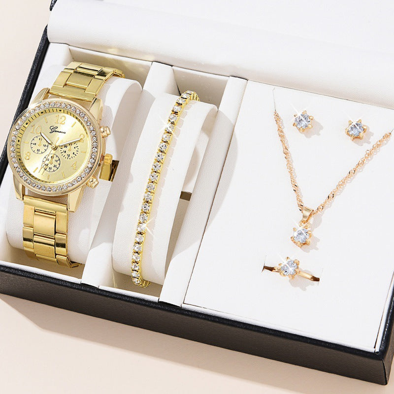 Reloj de cuarzo de tres ojos para mujer con incrustaciones de diamantes