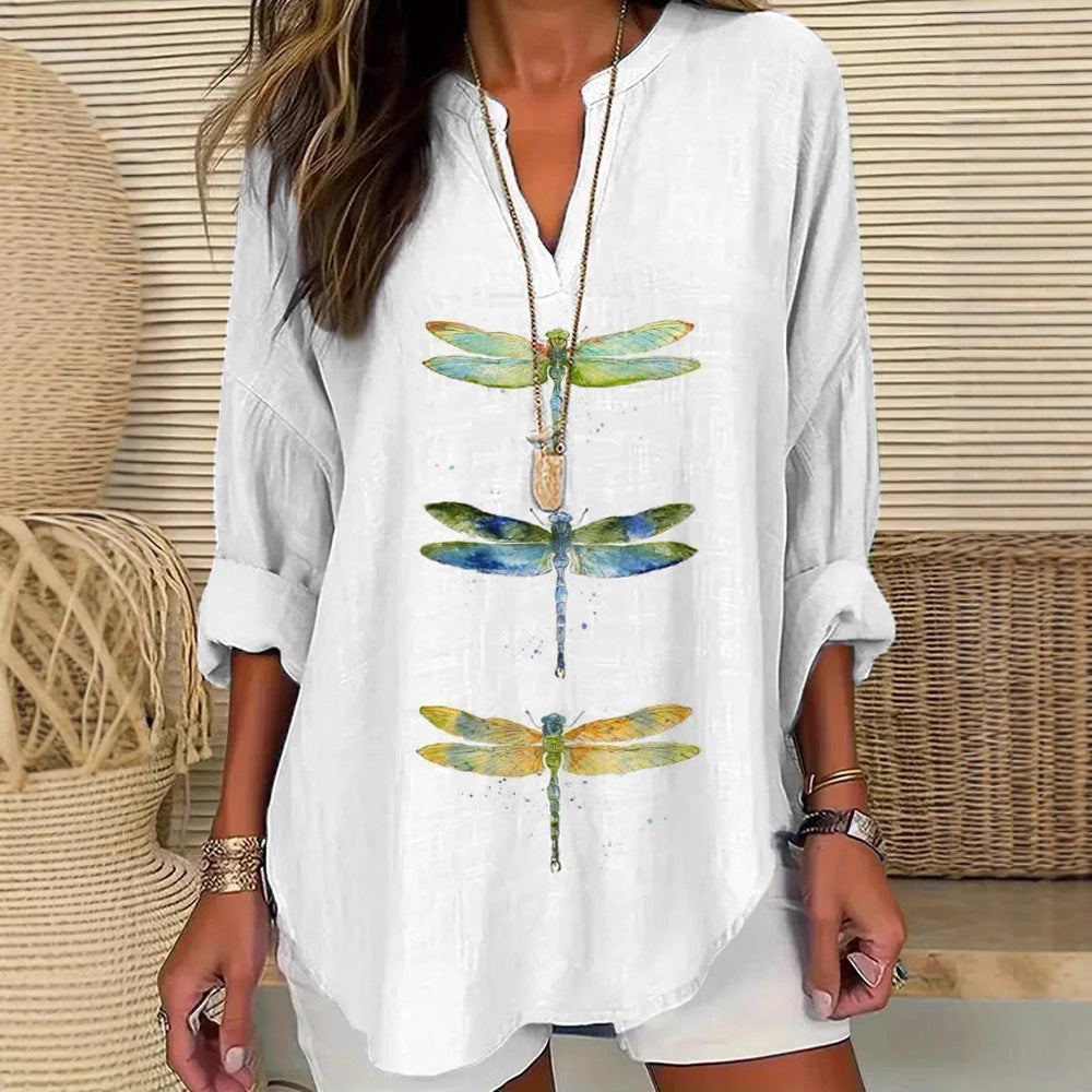 Ropa de mujer europea y americana, cuello en V pequeño, cuello alto, botón, hombros caídos, manga larga, camiseta de mujer, bajo curvo.