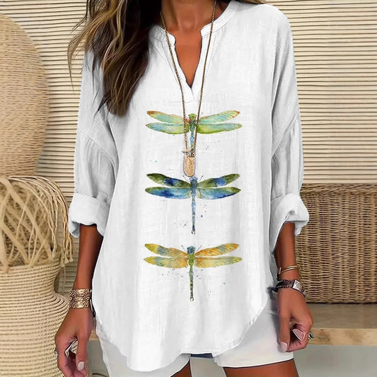 European And American Women's Clothing Small V Stand Collar Button Drop-shoulder Long-sleeve Women's T Curved Hem Clothes