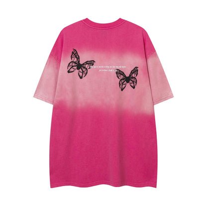 Chemise à manches courtes brodée papillon dégradé vieilli