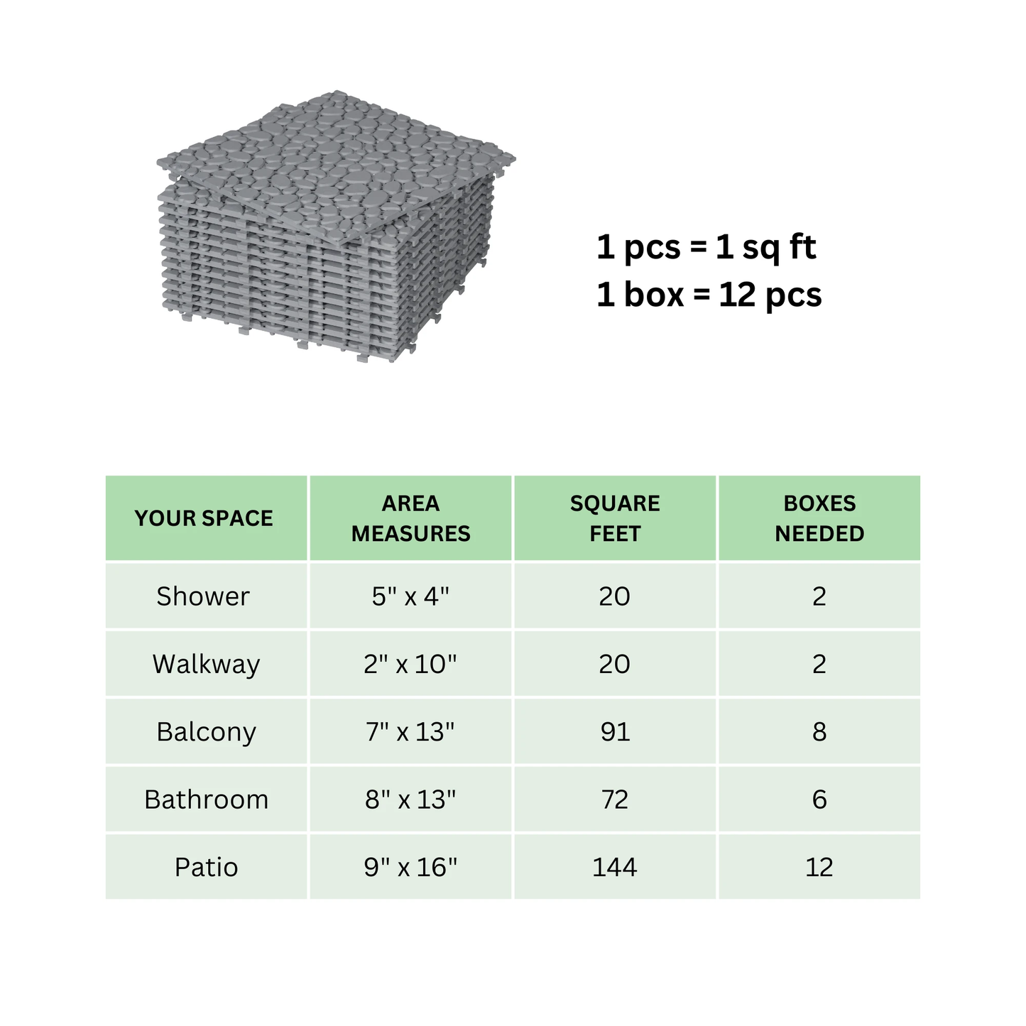 12 x 12 inch gray interlocking deck tiles, plastic waterproof pebble pattern, pack of 12 pieces by eprolo