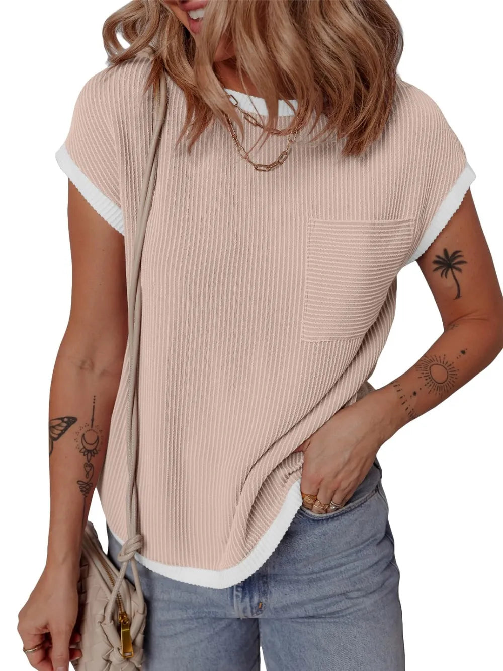 Women's short sleeved T-shirt basic ribbed knit T-shirt