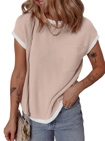 Women's short sleeved T-shirt basic ribbed knit T-shirt