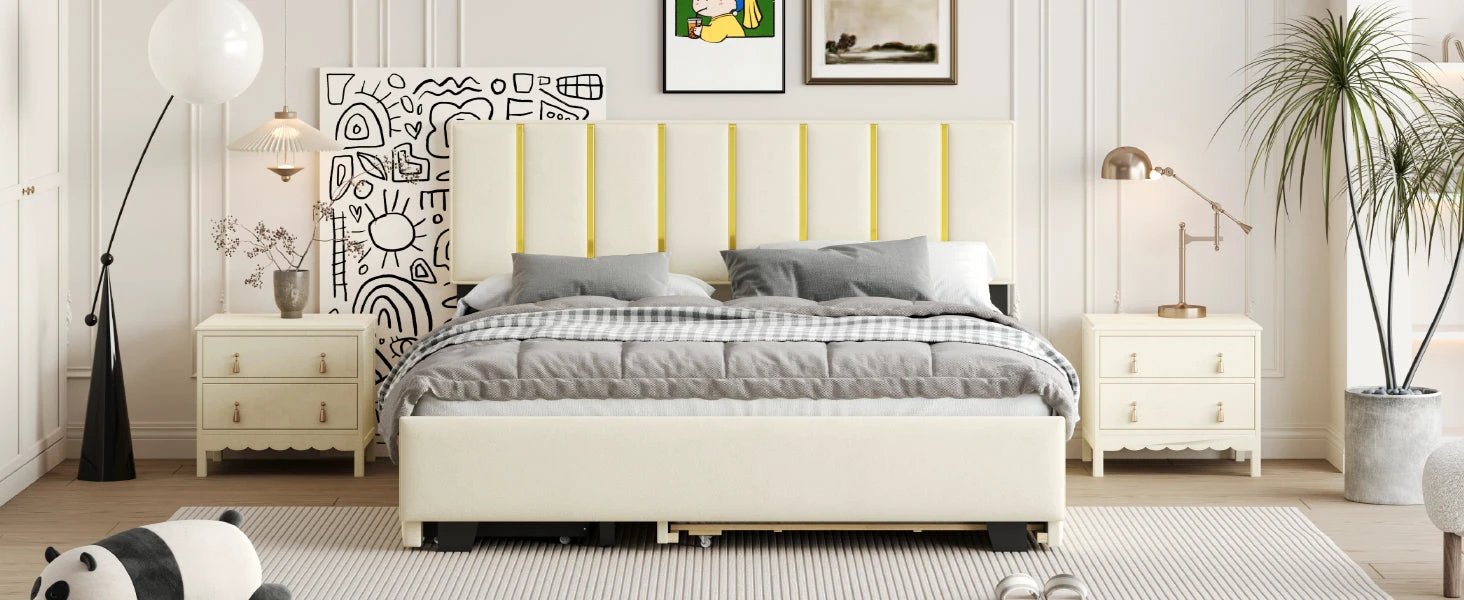 Queen Size Upholstered Platform Bed with 2 Drawers and 1 Trundle, Classic Metal Strip Headboard Design, Beige by eprolo
