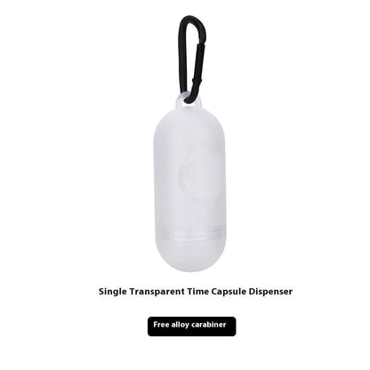 Single transparent time capsule dispenser with black carabiner clip