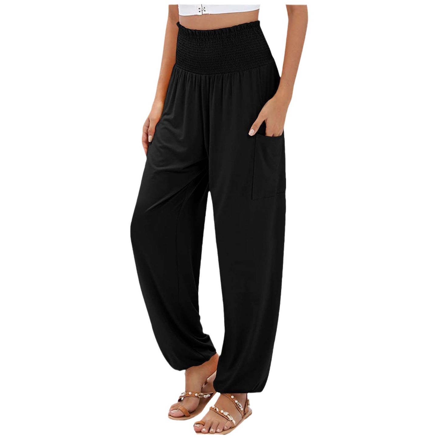 Pantalon décontracté large taille haute à taille élastiquée