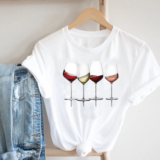 Mujeres Estampado Ropa Vino Señora Manga Corta Casual