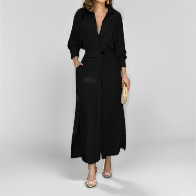 Robe chemise élégante à manches longues, unie et cintrée pour femme