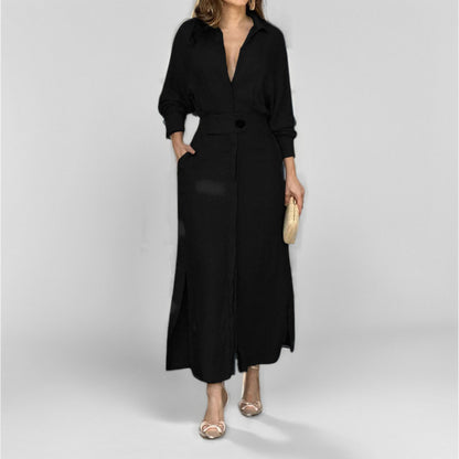 Robe chemise élégante à manches longues, unie et cintrée pour femme