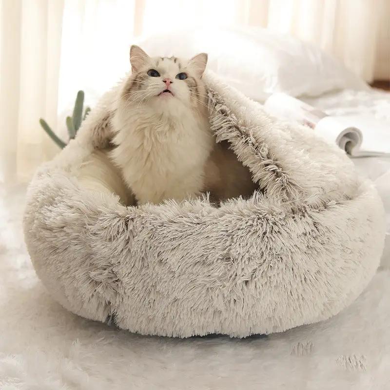 Plush shell pet nest by AdTec; round gray faux-fur cat bed.