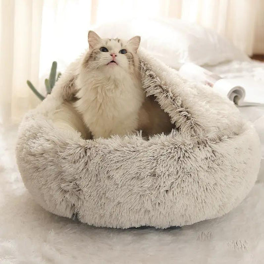 Plush shell pet nest by AdTec; round gray faux-fur cat bed.