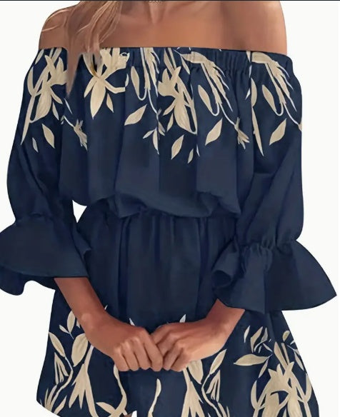 Robe bohème à imprimé feuille, robe sexy à épaules dénudées et manches à volants pour le printemps et l'été, vêtements pour femmes