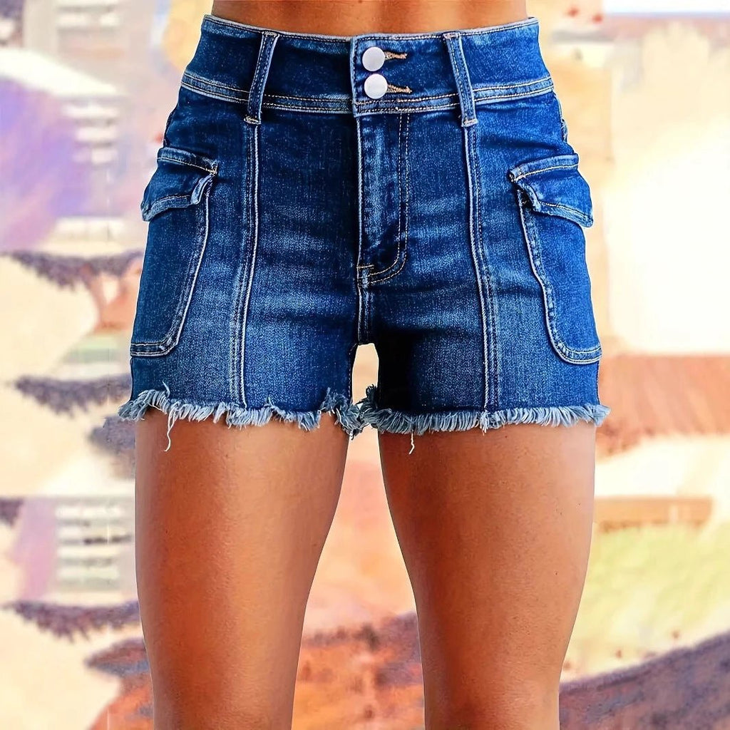 Elastic High-Waist Washed Women's Denim Shorts with Double Buttons by eprolo