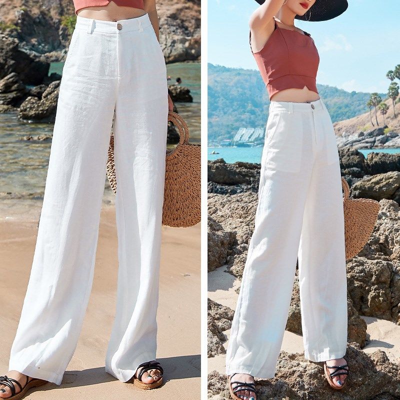 Pantalon long droit taille haute drapé ample et fin en coton et lin pour femme