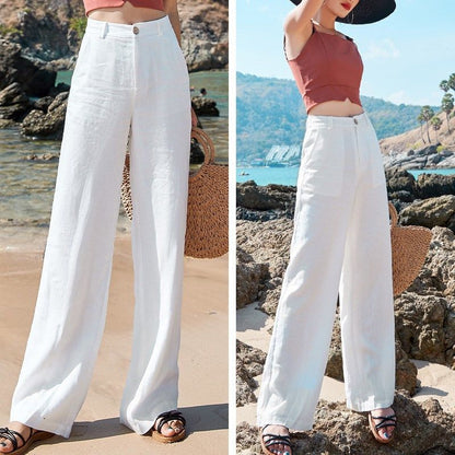 Pantalon long droit taille haute drapé ample et fin en coton et lin pour femme