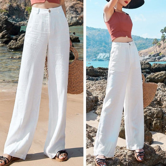Pantalones largos rectos de cintura alta de lino y algodón holgados y finos para mujer con caída