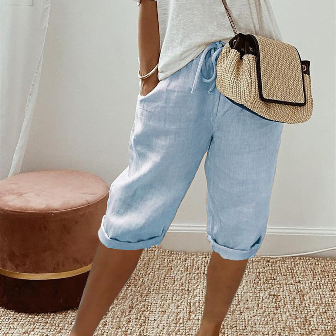 Shorts décontractés en coton et lin avec poches et taille élastique pour femme