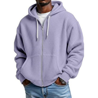 Mens lavender waffle-knit zip-up hoodie with kangaroo pockets and ribbed cuffs