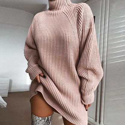 Pull long à col roulé uni, chaud, pour femme, robe-pull d'hiver