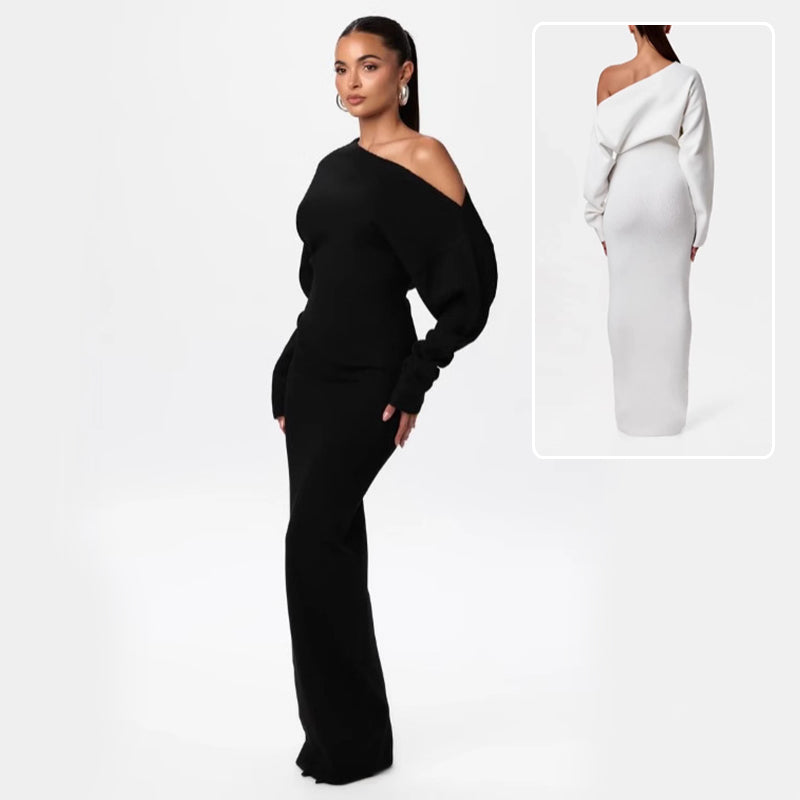Vestido de punto de manga larga ajustado estilo Ins para fiesta de noche, sexy, con hombros descubiertos, largo y ajustado