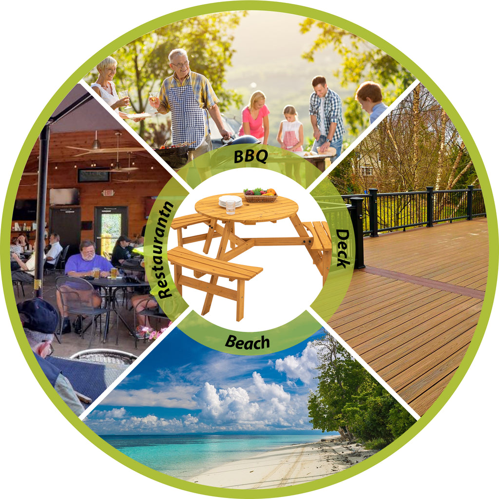 Table de pique-nique extérieure circulaire en bois 6 places pour terrasse