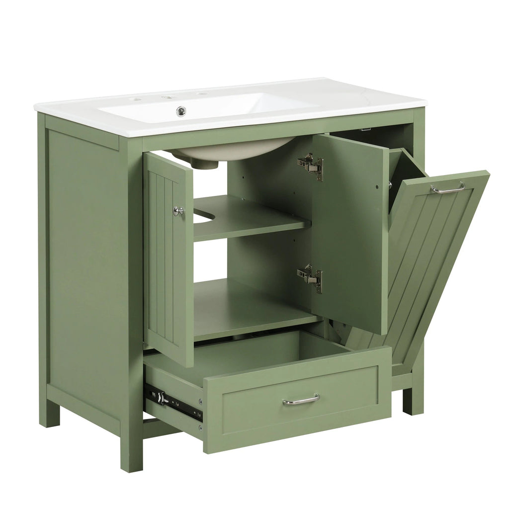 36 inch bathroom vanity with sink, one double door cabinet one large drawer and one flip drawer solid wood and MDF board, green by eprolo