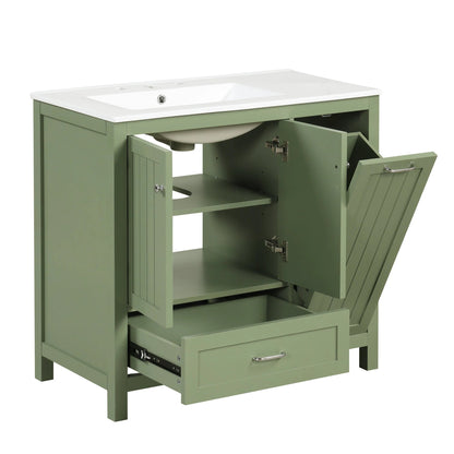 36 inch bathroom vanity with sink, one double door cabinet one large drawer and one flip drawer solid wood and MDF board, green by eprolo