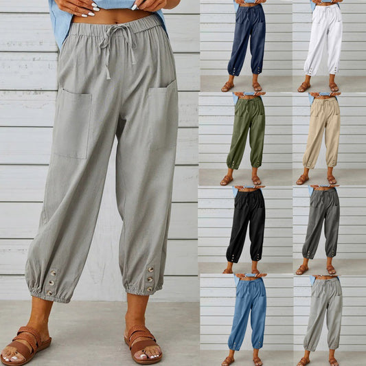 Pantalón Holgado de Algodón y Lino de Cintura Alta con Botones, Pantalón Capri de Pierna Ancha para Mujer