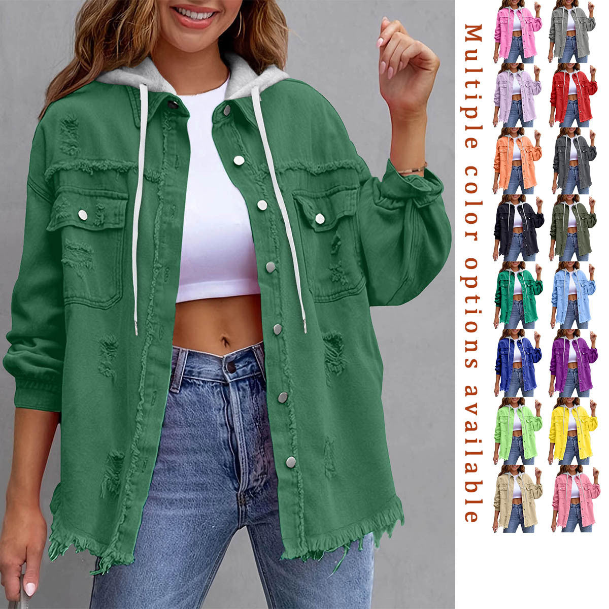 Chaqueta vaquera con capucha holgada de color liso para mujer