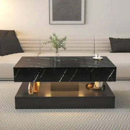 AdTec LED coffee table, 6.93in high, black marble top with white veining and gold-accented lower shelf.