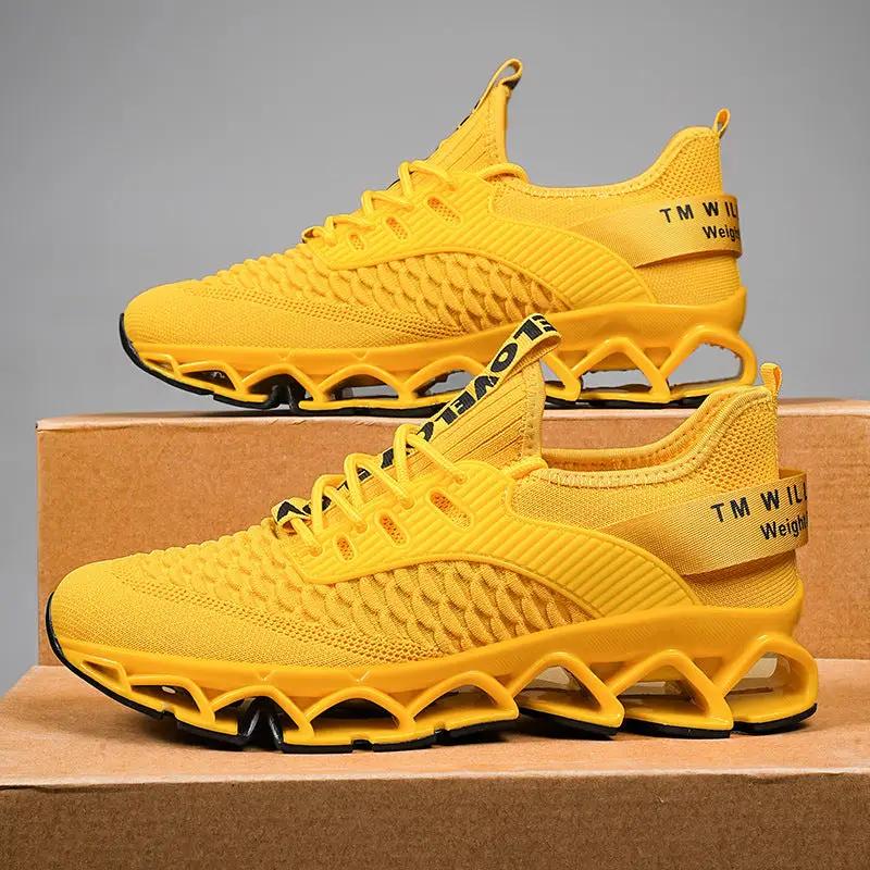 AdTec Blade Premium Mesh Running Shoes in bright yellow with subtle lightning trim, pair